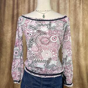 Vintage Bebe Top Y2K Mesh Off The Shoulder Paisley Floral Ruched Sheer Indie